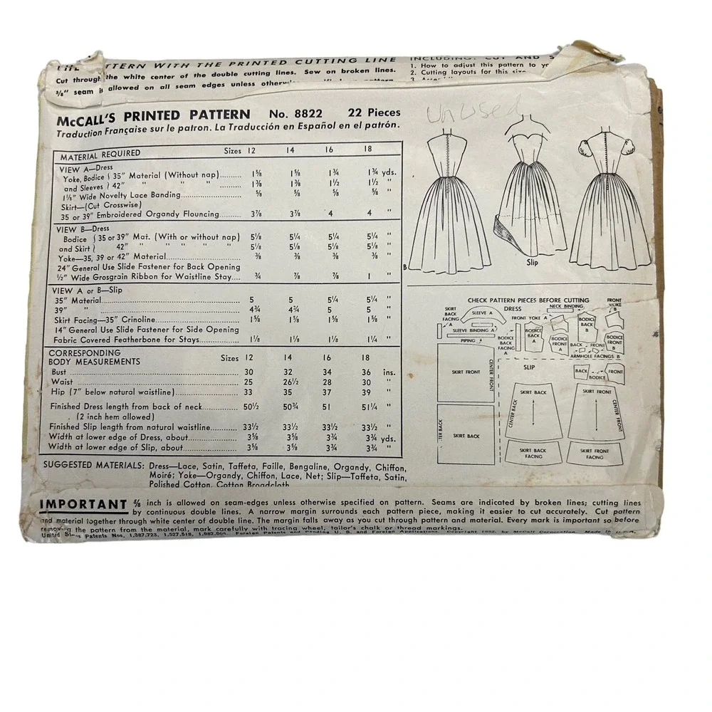 McCalls Vintage 1950's Pattern #8822 Brides Ballet Length Dress Size 12 HTF RARE